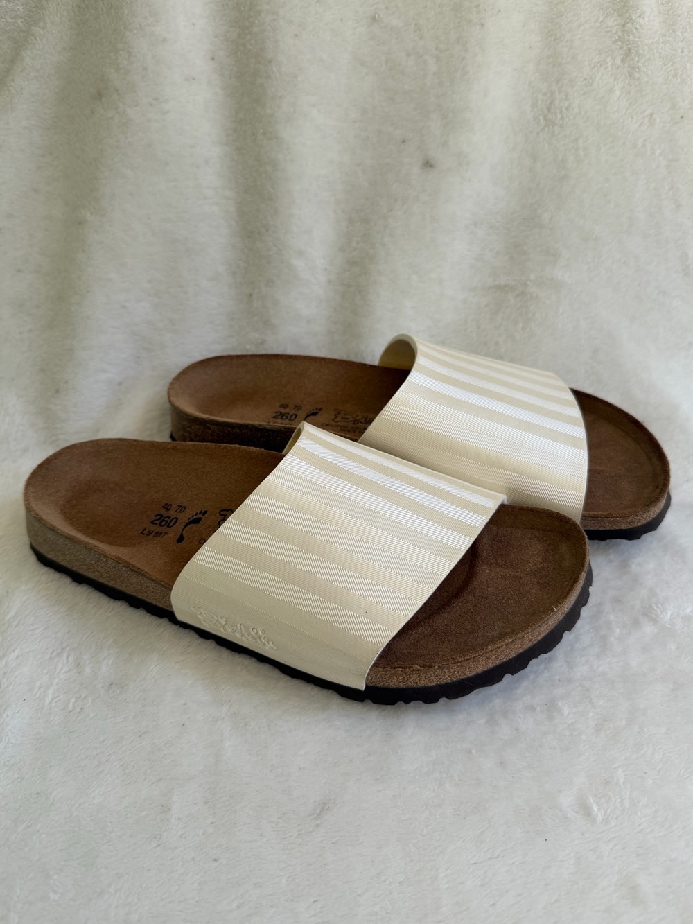 Birki's Birkenstock Oahu Cream Striped Cork Slide Sandal Open Toe  Shoe Size 9